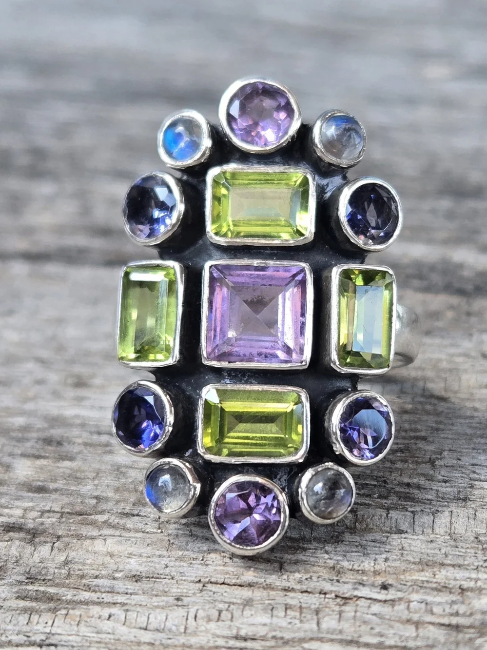 NICKY BUTLER Designer 925 Sterling Silver Peridot Amethyst Iolite Ring NB Size 8